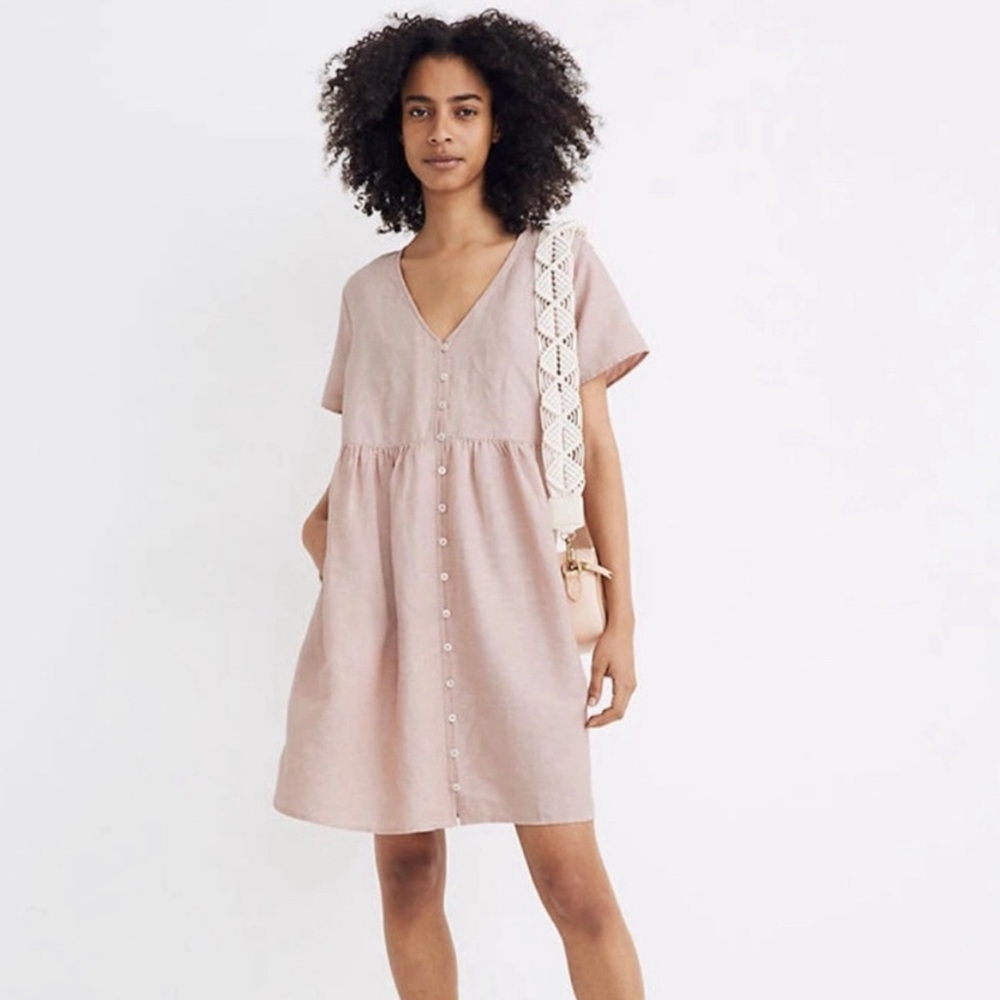 Madewell Linen-Blend V-Neck Button-Front Mini Dress Pink XS